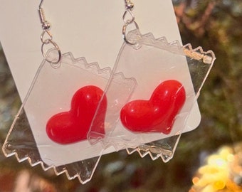 Love Letter Stamp Earrings, Heart Stamp Earrings, Valentines Day Earrings, Valentines Day Jewelry, Heart Earrings, Heart Envelope Earrings