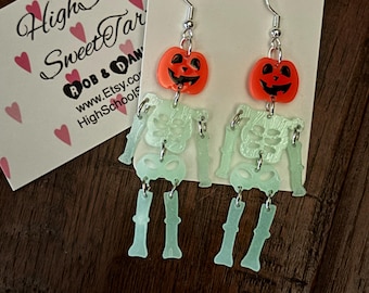 Glow in the Dark Pumpkin Head Skeleton Earrings, Skeleton Earrings, Skeleton Dangle Earrings, PumpkinEarrings, Halloween Earrings, Spooky
