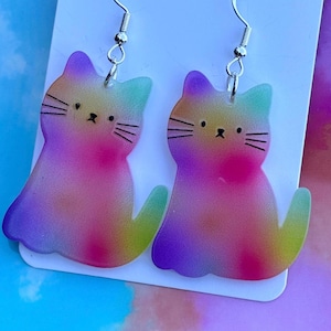 Acrylic Rainbow Cat Earrings, Rainbow Cat Earrings, Pastel Cat Earrings, Rainbow Kitty Cat Earrings, Cute Dangles, Fun Earrings, Lightweight
