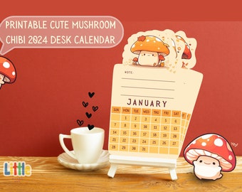 Printable Cute Mushroom Chibi 2024 Desk Calendar | PNG for cutting machine Printable PDF Editable SVG Format Commercial & Personal use