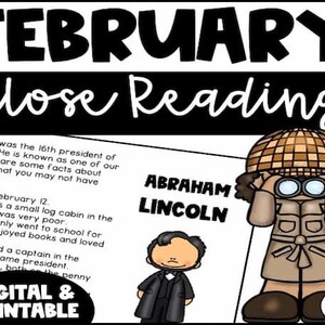 Può includere: Una risorsa educativa digitale e stampabile con il titolo "FEBRUARY Close Reading". L'immagine presenta un testo su Abraham Lincoln, insieme a illustrazioni di cartoni animati di Lincoln e un personaggio con un binocolo.