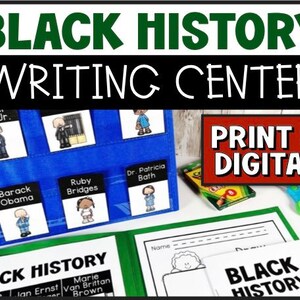 May include: A blue pocket chart with illustrations of historical figures, including Barack Obama and Ruby Bridges, for a Black History Writing Centre. The words "Black History Writing Centre" are at the top. A red sign says "Print & Digital".