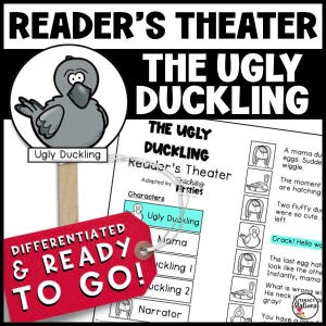 Puede incluir: Un guion de teatro de lectura imprimible para "El patito feo" con niveles diferenciados. El guion incluye personajes como Patito feo, Mamá, Patito 1, Patito 2 y Narrador. La imagen también incluye una marioneta del Patito feo.