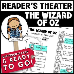 Puede incluir: Un guion de teatro para lectores imprimible para "El Mago de Oz" con ilustraciones de los personajes. El guion incluye líneas para Dorothy, Glinda, el Espantapájaros, el Hombre de Hojalata y el León. El título "¡Diferenciado y listo para empezar!" está en una etiqueta roja.