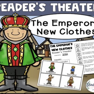 Puede incluir: Ilustración colorida para "Reader's Theater" con un emperador de dibujos animados con corona y capa verde. El texto incluye "The Emperor's New Clothes" y tarjetas de personajes. La imagen está diseñada para fines educativos.