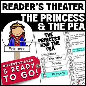 Puede incluir: Un guion de teatro de lectura imprimible para "La Princesa y el Guisante" con tarjetas de personajes que representan a una princesa, un príncipe, una reina y un narrador. El guion incluye líneas para cada personaje y está diferenciado para diferentes niveles de lectura.