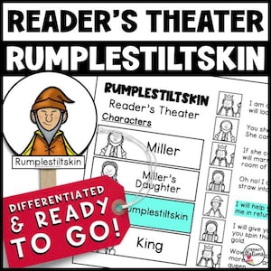 May include: Black and white printable reader's theater script for the fairy tale Rumplestiltskin. The script includes character cards with illustrations of the characters: Rumplestiltskin, the Miller, the Miller's Daughter, and the King.