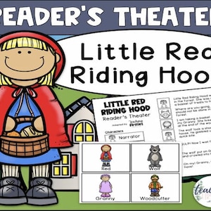 May include: A vibrant illustration for a children's play, featuring Little Red Riding Hood with a basket, the text "Reader's Theatre," and character cards. The image includes the text "Little Red Riding Hood."