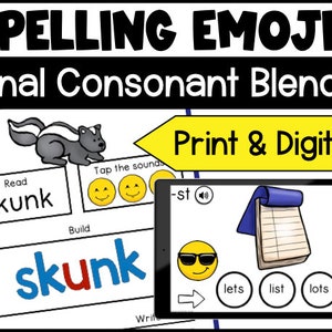 May include: A printable and digital educational resource for teaching final consonant blends. The image shows a skunk, the word "skunk" and the sound "st". The resource includes emojis and a printable worksheet.
