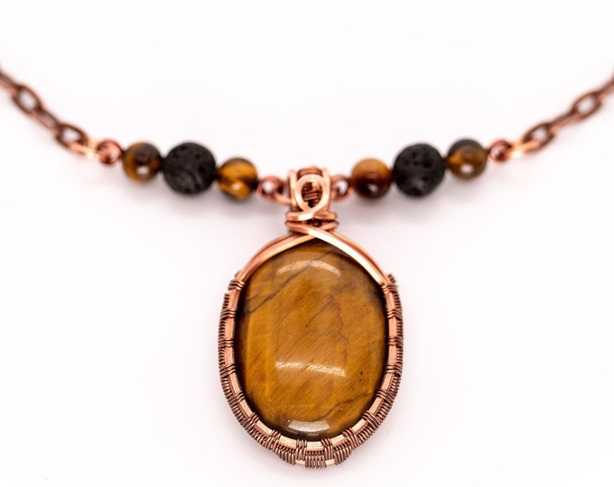 Tiger's Eye Copper Minimalist Pendant, Handmade Wire Wrap Boho Necklace, Southwest Artisan Jewelry, Vibration Wellness Love Protection