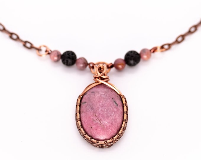 Rhodonite Copper Minimalist Pendant, Handmade Wire Wrap Boho Necklace, Southwest Artisan Jewelry, Vibration Wellness Love Protection