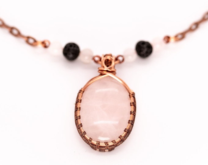 Rose Quartz Copper Minimalist Healing Pendant, Flashy Handmade Crystal Boho Jewelry, Southwest Arizona Artisan Wire Wrap Meditation Necklace