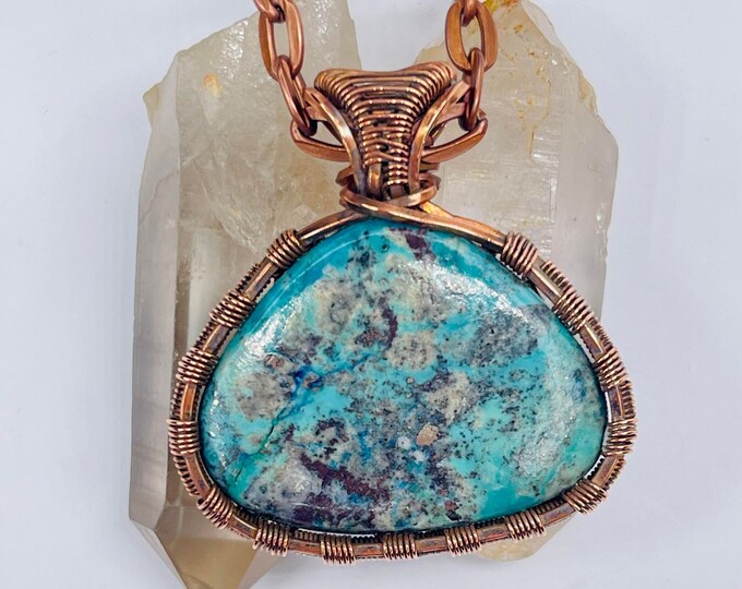 Turquoise Copper Minimalist Pendant, Handmade Wire Wrap Boho Necklace, Southwest Artisan Jewelry, Vibration Wellness Love Protection Jewelry