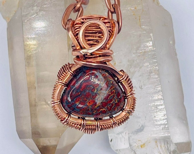 Dino Gembone Copper Pendant, Handmade Wire Wrapped Boho Necklace, Healing Calming Meditation Chakra Jewelry, Dinosaur Fossil Jewellry