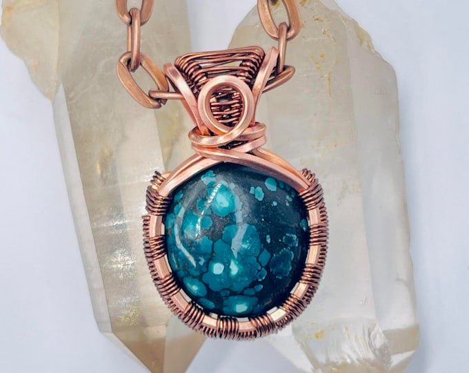Turquoise Copper Minimalist Pendant, Handmade Wire Wrap Boho Necklace, Southwest Artisan Jewelry, Vibration Wellness Love Protection Jewelry