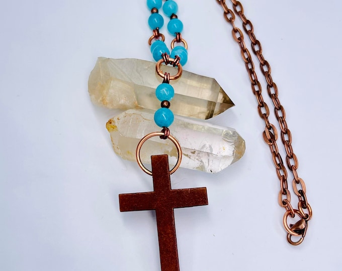 Wooden cross gemstone necklace, Beaded natural wood cross necklace, Christian gemstone necklace, Southwest Boho Jewelry, Wellness Love Jesus