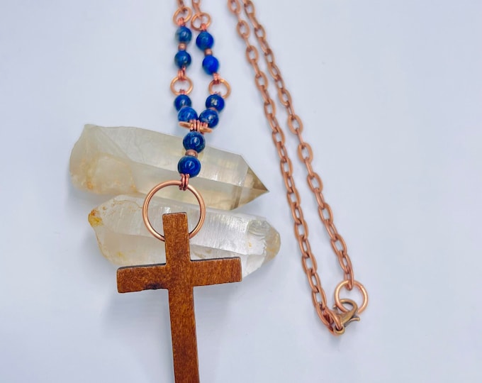 Handmade Wooden Cross Necklace: Beaded Gemstone, Antique Copper Chain