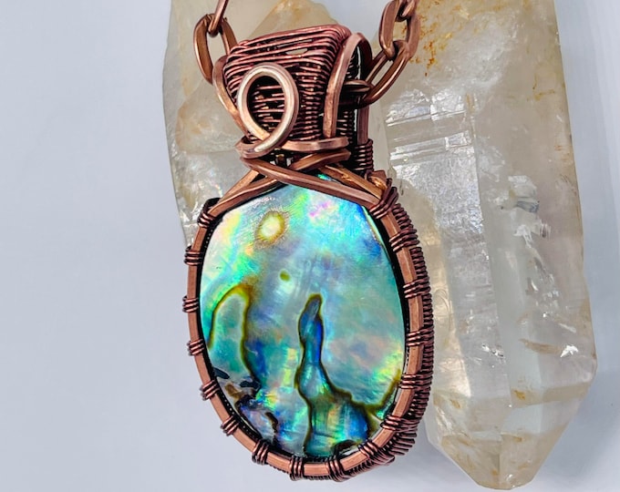Abalone Copper Minimalist Pendant, Handmade Wire Wrap Boho Necklace, Southwest Artisan Jewelry, Vibration Wellness Love Protection Jewelry