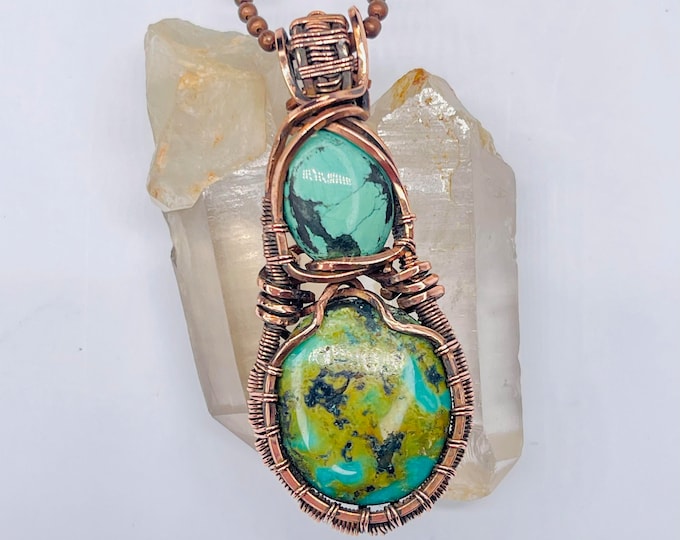 Turquoise Copper Minimalist Pendant, Handmade Wire Wrap Boho Necklace, Southwest Artisan Jewelry, Vibration Wellness Love Protection Jewelry