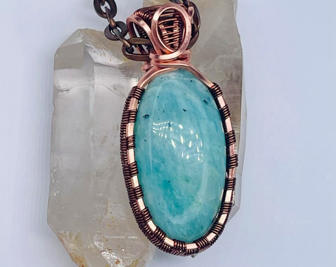 Amazonite Copper Minimalist Healing Pendant, Flashy Handmade Crystal Boho Jewelry, Southwest Arizona Artisan Wire Wrap Meditation Necklace