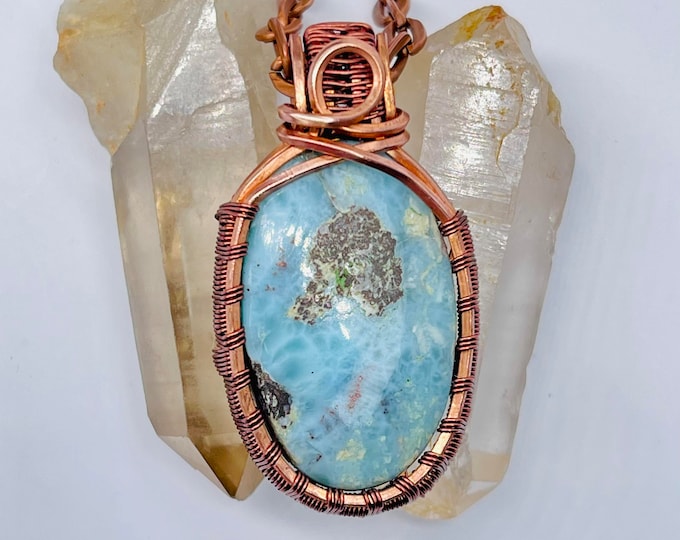 Larimar Copper Minimalist Pendant, Handmade Wire Wrap Boho Necklace, Southwest Artisan Jewelry, Vibration Wellness Love Protection Jewelry