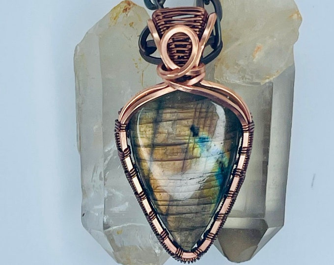 Labradorite Copper Minimalist Healing Pendant, Flashy Handmade Crystal Boho Jewelry, Southwest Arizona Artisan Wire Wrap Meditation Necklace