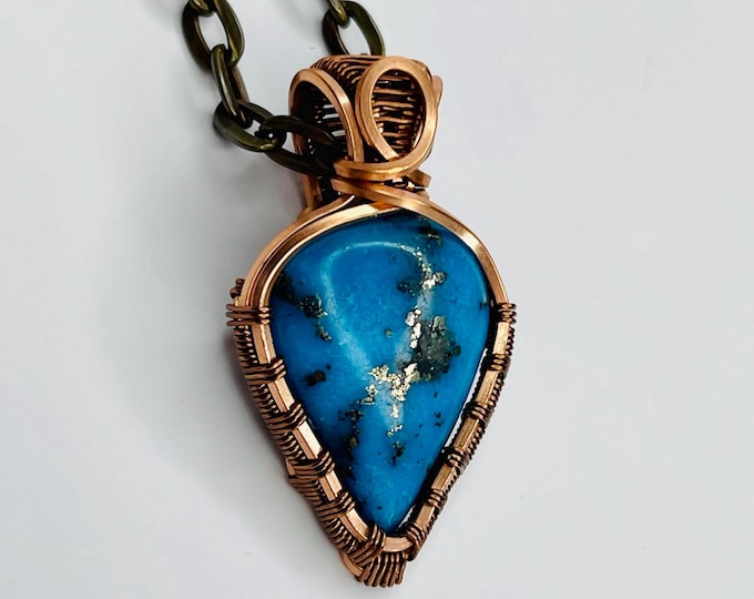 Turquoise Copper Minimalist Pendant, Handmade Wire Wrap Boho Necklace, Southwest Artisan Jewelry, Vibration Wellness Love Protection Jewelry