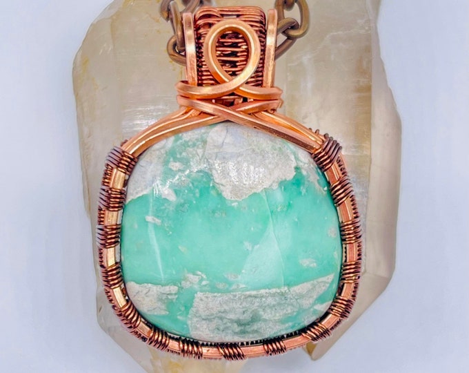 Variscite Copper Minimalist Pendant, Handmade Wire Wrap Boho Necklace, Southwest Artisan Jewelry, Vibration Wellness Love Protection Jewelry