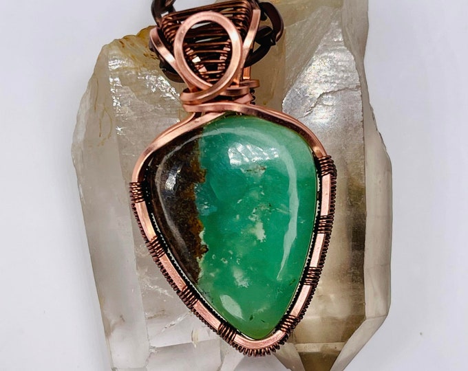 Chrysoprase Copper Minimalist Pendant, Handmade Wire Wrap Boho Necklace, Southwest Artisan Jewelry, Vibration Wellness Protection Jewelry