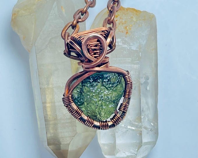 Moldavite Copper Pendant Necklace: Wire Wrapped Tektite, Healing Crystal