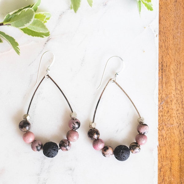 Rhodonite earrings, Rhodonite hoop earrings, diffuser earrings, Lava diffuser earrings, rhodonite gift for her