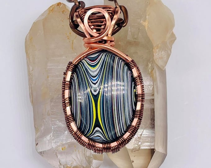 Fordite Copper Minimalist Healing Pendant, Handmade Crystal Boho Jewelry, Southwest Arizona Artisan Wire Wrap, Motor city Agate