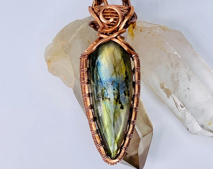 Labradorite Copper Minimalist Healing Pendant, Flashy Handmade Crystal Boho Jewelry, Southwest Arizona Artisan Wire Wrap Meditation Necklace