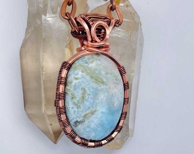 Larimar Copper Minimalist Pendant, Handmade Wire Wrap Boho Necklace, Southwest Artisan Jewelry, Vibration Wellness Love Protection Jewelry
