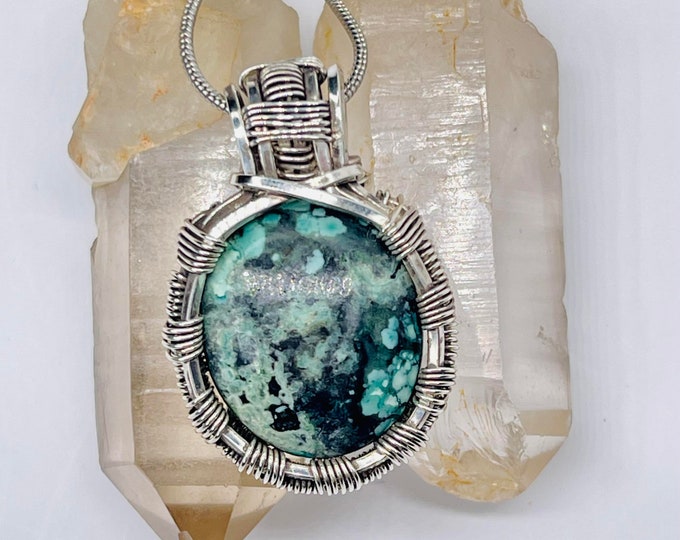Turquoise Silver Minimalist Pendant, Handmade Wire Wrap Boho Necklace, Southwest Artisan Jewelry, Vibration Wellness Love Protection Jewelry