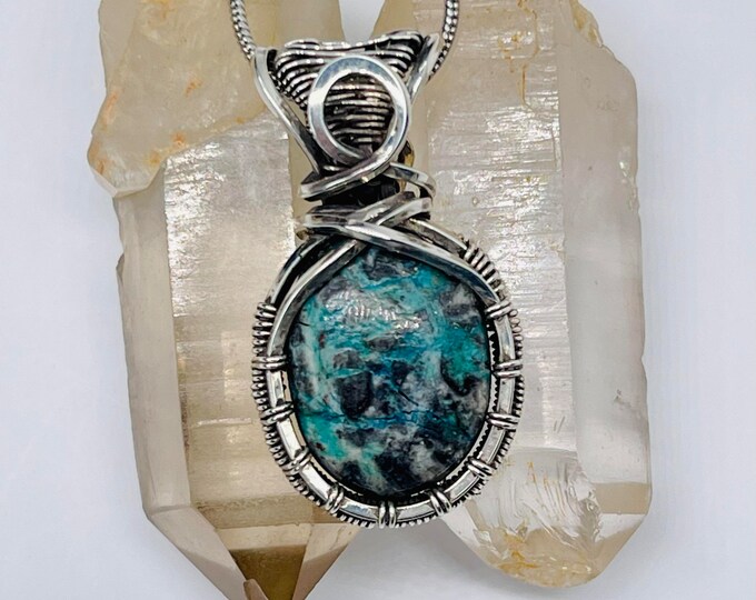 Turquoise Silver Minimalist Pendant, Handmade Wire Wrap Boho Necklace, Southwest Artisan Jewelry, Vibration Wellness Love Protection Jewelry