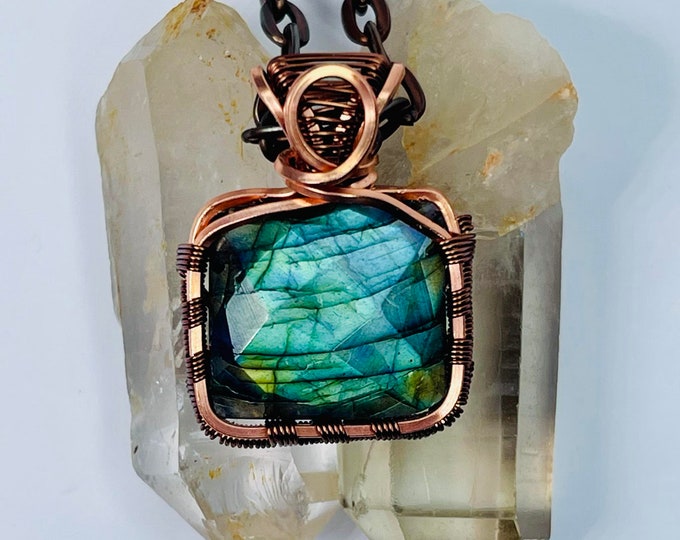 Labradorite Copper Minimalist Healing Pendant, Flashy Handmade Crystal Boho Jewelry, Southwest Arizona Artisan Wire Wrap Meditation Necklace