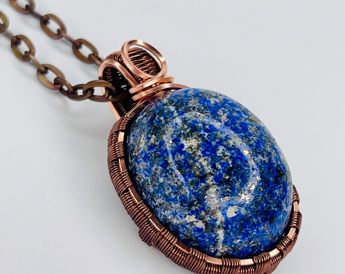 Handmade Lapis Lazuli Copper Wire Wrap Pendant: Boho Artisan Necklace