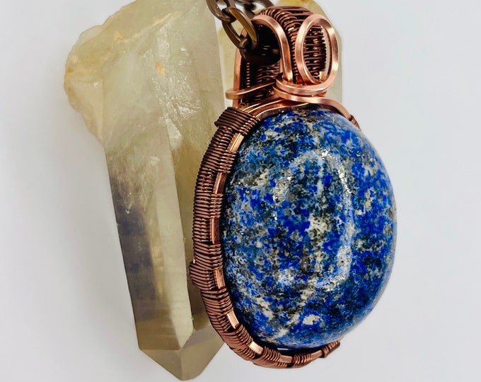 Lapis Lazuli Copper Minimalist Pendant, Handmade Wire Wrap Boho Necklace, Southwest Artisan Jewelry, Vibration Wellness Protection Jewelry