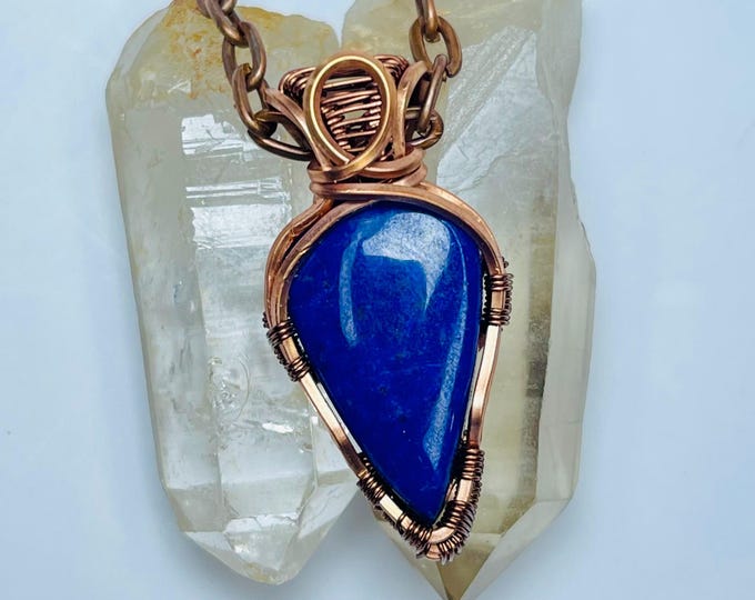 Lapis Lazuli Copper Pendant Necklace: Handmade Wire Wrap Boho Jewelry