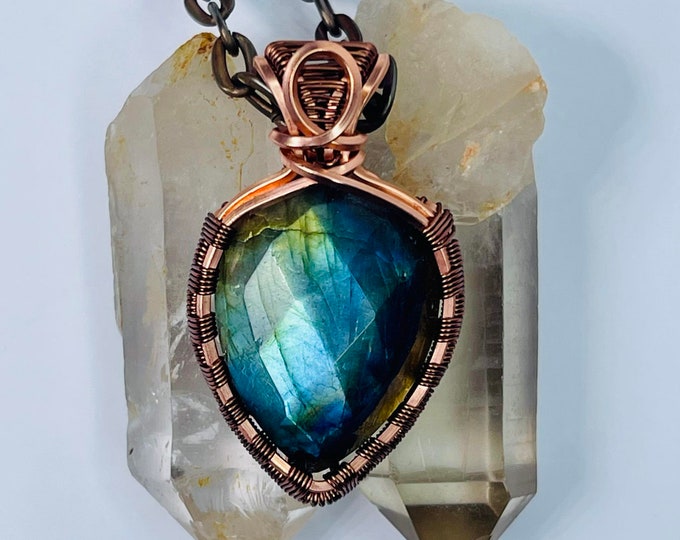 Labradorite Copper Minimalist Healing Pendant, Flashy Handmade Crystal Boho Jewelry, Southwest Arizona Artisan Wire Wrap Meditation Necklace