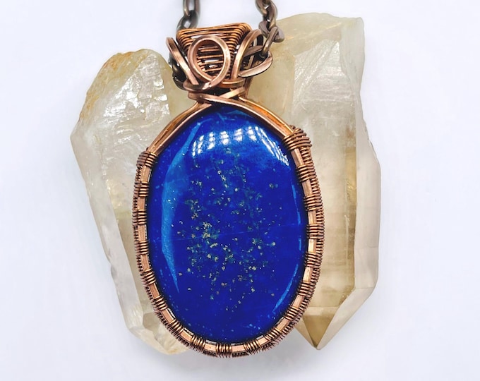 Lapiz Lazuli Copper Minimalist Pendant, Handmade Wire Wrap Boho Necklace, Southwest Artisan Jewelry, Vibration Wellness Protection Jewelry