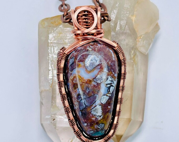Agate Copper Minimalist Pendant, Handmade Wire Wrap Boho Necklace, Southwest Artisan Jewelry, Vibration Wellness Protection