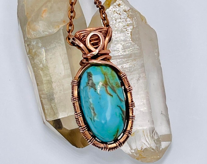 Turquoise Copper Minimalist Pendant, Handmade Wire Wrap Boho Necklace, Southwest Artisan Jewelry, Vibration Wellness Love Protection Jewelry