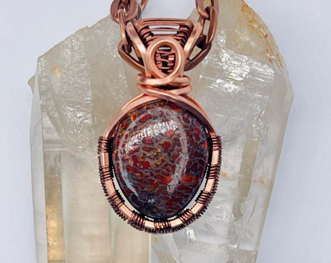 Dino Gembone Copper Pendant, Handmade Wire Wrapped Boho Necklace, Healing Calming Meditation Chakra Jewelry, Dinosaur Fossil Jewellry