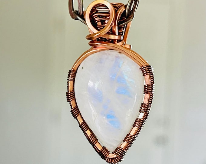 Moonstone Copper Minimalist Healing Pendant, Flashy Handmade Crystal Boho Jewelry, Southwest Arizona Artisan Wire Wrap Meditation Necklace