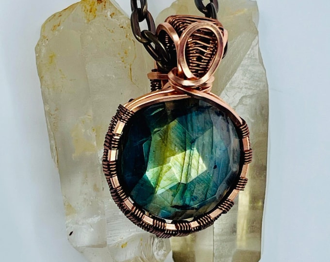 Labradorite Copper Minimalist Healing Pendant, Flashy Handmade Crystal Boho Jewelry, Southwest Arizona Artisan Wire Wrap Meditation Necklace