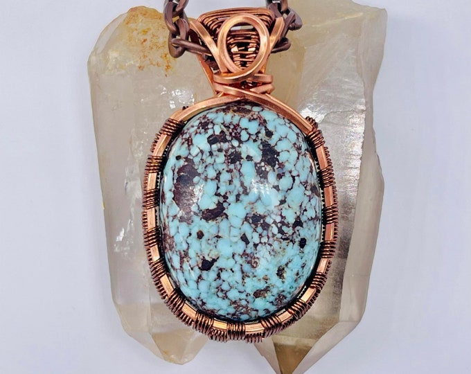 Turquoise Copper Minimalist Pendant, Handmade Wire Wrap Boho Necklace, Southwest Artisan Jewelry, Vibration Wellness Love Protection Jewelry
