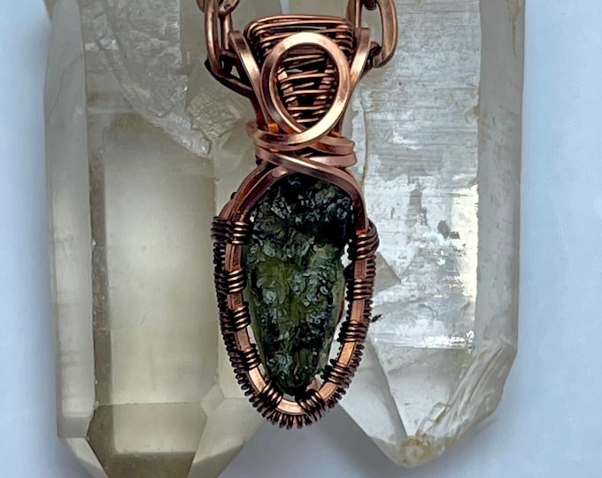 Moldavite Copper Pendant, Wire Wrapped Tektite Crystal Necklace