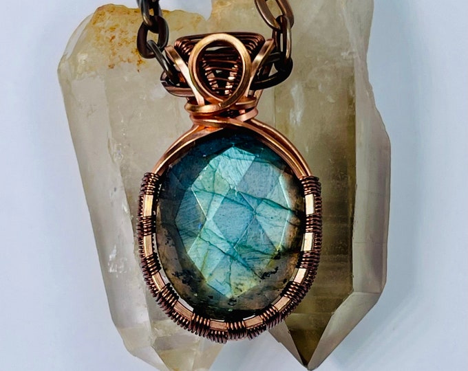 Labradorite Copper Minimalist Healing Pendant, Flashy Handmade Crystal Boho Jewelry, Southwest Arizona Artisan Wire Wrap Meditation Necklace